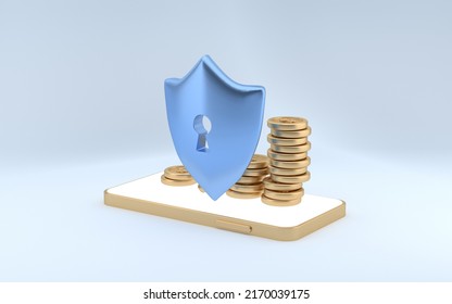 Money Protection With Shield On Phone Platform. Management And Commercial Facilities From Money Trading. Like E-commerce Coin Icons. 3d Rendering