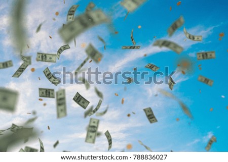 Money raining and falling down from sky. 3D rendered illustration.
