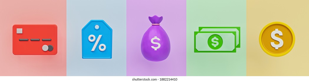 Money related icons. Credit Card, price tag, bag of money, cash icon and coin. minimal trendy banner. 3d rendering