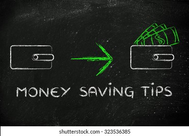 money saving tips: illustration with closed wallet going from empty to full of dollars - Powered by Shutterstock