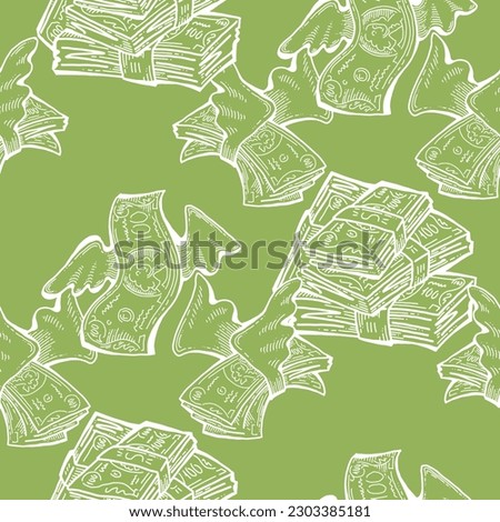 Money seamless pattern background for print design. Hundred dollars banknotes, a lot of cash for finance. economy, business theme for success. Hand drawn line illustration, cartoon style drawing.