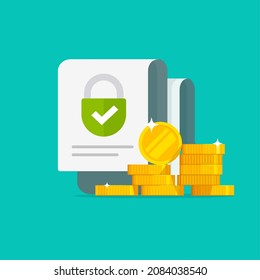 Money Secure Private Lock Document As Bank Deposit Slip Agreement Or Cash Income Safety Insurance Flat Cartoon Icon, Privacy Protection Padlock On Coins Stack, Closed Access Permission Image