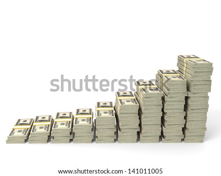 Money stacks graph. One hundred dollars. 3D illustration.
