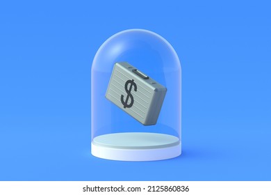 Money suitcase in glass dome. Money storage. Presentation of the new banknote design. Investment protection concept. Delivery of the prize. Deposit insurance. Financial aid. 3d render