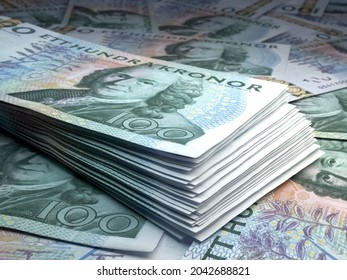 Money of Sweden. Swedish krona bills. SEK banknotes. 100 kronor. Business, finance, news background. 3d illustration.