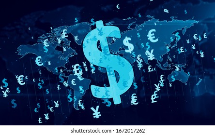 Money Symbols. Dollar, Euro, Yen And Pound Currency Icons On Digital Globe 3d Illustration. Abstract Concept Background Of Finance, Banking And Globalization.