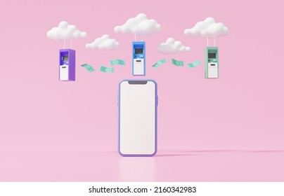 Money Transaction Internet Transfer Account Concept. Clouds Mock Up ATM Automatic Deposit Machine App On Mobile On Pink Background. Rate Exchange. 3d Render Illustration