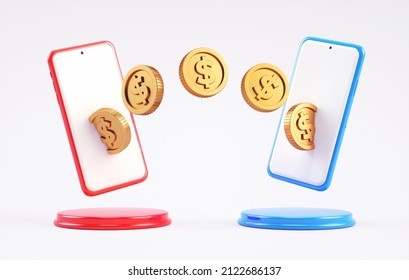 Money Transfer Between Mobile Phones, Wireless Sending And Receiving Dollar Coins. Smartphone Online Banking Payment App, Electronic Money And Economy Concept In 3D Illustration