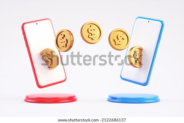 Money\
transfer between mobile phones, wireless sending and receiving\
dollar coins. Smartphone online banking payment app, electronic\
money and economy concept in 3D\
illustration