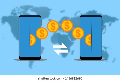 Money transfer using mobile device, 3D rendering