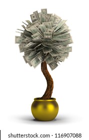 Money Tree In A Golden Pot. 3d Image. Isolated White Background.