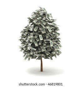 Money Tree Made Of Hundred Dollar Bills, Isolated On White Background