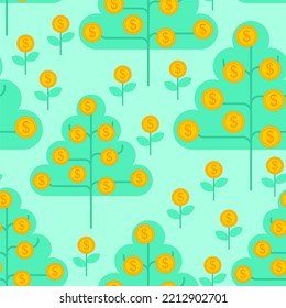 Money Tree Pattern Seamless. Dollar Sprout Background. Grow Wealth. Coin Forest Texture