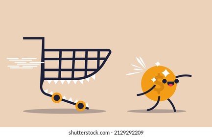 Money Trouble And Poor Character Employee Investment. Dollar Loan Market And Business Bankruptcy Illustration Concept. Shop Trolley Cart Run For Coin And Economic Debt Problem Currency