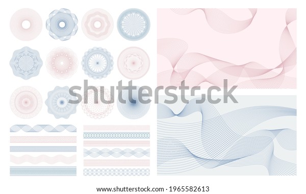 Money watermark. Geometric round, spiral and\
secure guilloches for passport or cheque. Spirograph patterns and\
borders  set. Illustration certificate pattern watermark,\
decorative\
guilloche