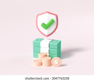 Money-saving concept. Coins stack and bundles of money on pink background. 3d render illustration