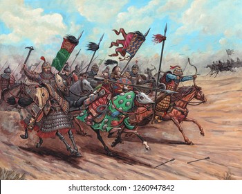 Mongol attack. Acrylic illustration.