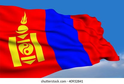 Mongolian Flag Waving On Wind.