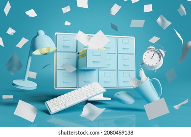monitor with file cabinets, alarm clock, lamp, milk cup and sheets of paper flying around. concept of organization, online storage, chaos and work at home. 3d rendering