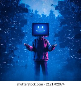 Monitor head media concept - 3D illustration of hoodie wearing character with smiling computer display face standing in futuristic cyberpunk city