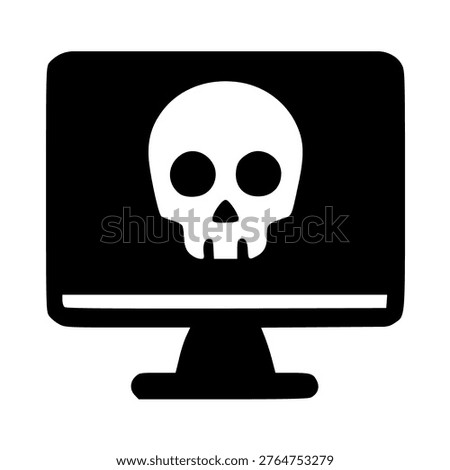 Monitor Malware Skull : A desktop monitor featuring a skull, representing a hacked computer, ransomware, or a complete system takeover by a malicious entity.
