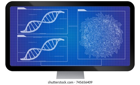 Monitor Mock Up With DNA Sequencing DNA Helix Computer Data Analysis Of Genome Model Of T Cell Lymphocyte  