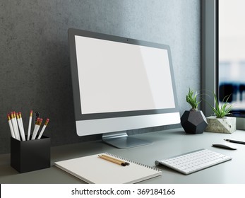 The Monitor On A Desk Mockup Poster. The Working Surface Of The Computer. Wooden Worktop, Gray Wall. 3D Render.