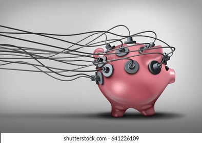 Monitoring savings and investments concept or audit and budget monitor symbol as a piggy bank with electrodes attached as a banking or financial diagnosis economic metaphor as a 3D illustration.