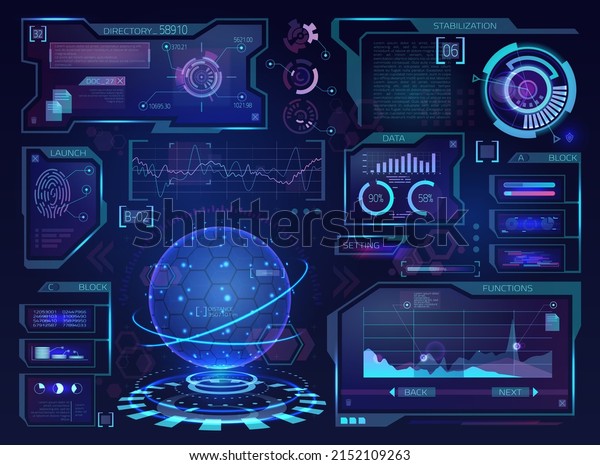 Monitors and screens hud interface with\
information, statistics and collected useful data. illustration,\
display with numbers and diagrams, smart system and futuristic\
electronics