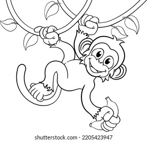 A Monkey Cartoon Character Singing On Jungle Vines With Banana