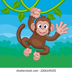 A Monkey Cartoon Character Singing On Jungle Vines And Waving