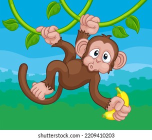 A Monkey Cartoon Character Singing On Jungle Vines With Banana