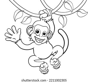 A Monkey Cartoon Character Singing On Jungle Vines And Waving