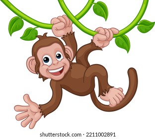 A Monkey Cartoon Character Singing On Jungle Vines And Waving