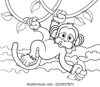 A Monkey Cartoon Character Singing On Jungle Vines With Banana