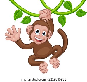 A Monkey Cartoon Character Singing On Jungle Vines And Waving