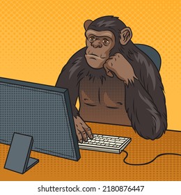 Monkey Chimp Sitting At Computer Doing Monkey Business Pop Art Retro Raster Illustration. Comic Book Style Imitation.