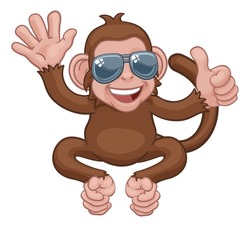 A Monkey Cute Happy Cool Cartoon Character Animal Wearing Sunglasses Waving And Giving A Thumbs Up