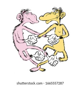Monkey friends shaking hands and reaching a peaceful agreement. Greeting each other gently.