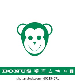 Monkey head icon flat. Simple green pictogram on white background. Illustration symbol and bonus button