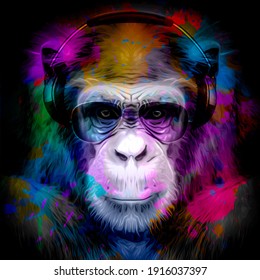  Monkey Head In Reggae Hat And Eyeglasses With Creative Abstract Elements On White Background