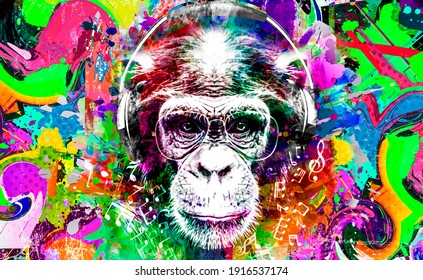 Monkey Head In Reggae Hat And Eyeglasses With Creative Abstract Elements On White Background