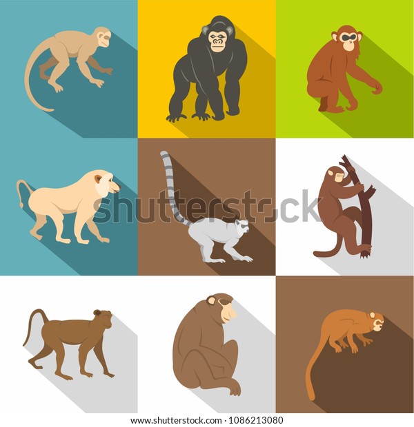 Monkey Icon Set Flat Style Set Stock Illustration 1086213080