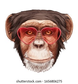 Monkey in Love! Portrait of Monkey with heart shaped sunglasses. Hand-drawn illustration.