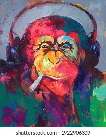 Monkey Music Smoking Dj Artwork  Colorful Popart Funny Decorative Lifestyle Monkey Animal