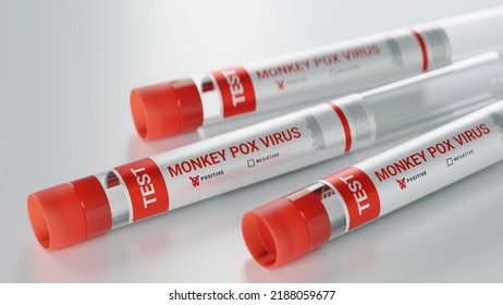 Monkey Pox Virus Test Tube On Shiny Table Testing To Prevent Pandemic. Red Testtube To Indicate Danger. 3D Rendering