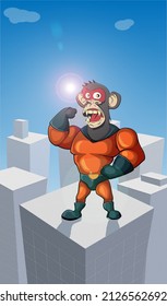 Monkey super hero in red suit standing on skyscrapers
