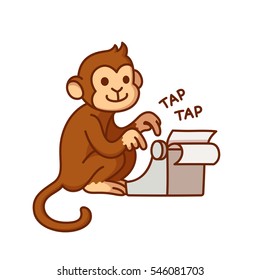 Monkey With Typewriter, Cute Cartoon Illustration. 