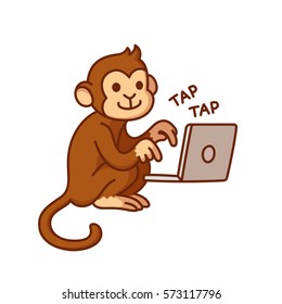 Monkey Typing On Computer, Funny Illustration. Cute Cartoon Chimp Working On Laptop.