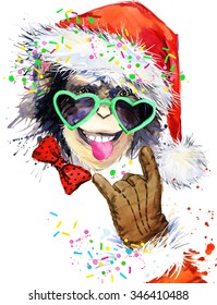Monkey year. Cool monkey party watercolor illustration. Monkey Santa Claus. New Year monkey. watercolor background.